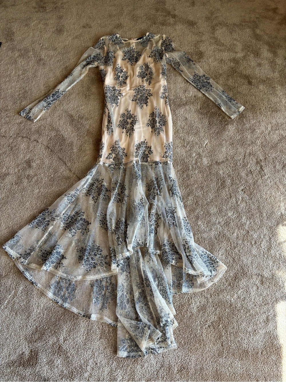 Sheer Lace Overlay Long Sleeve Maxi Dress in Cream with black floral